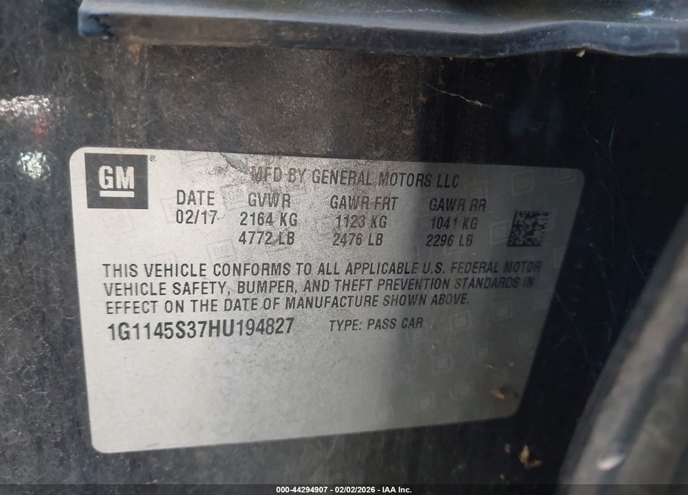 2017 CHEVROLET IMPALA 2LZ VIN: 1G1145S37HU194827