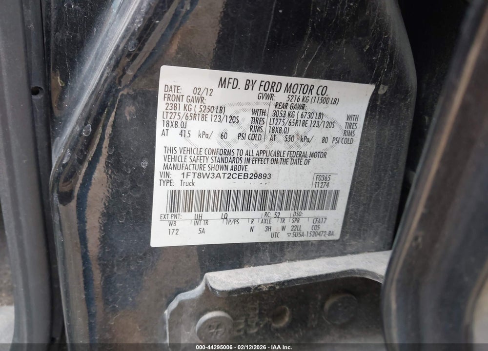 2012 FORD F-350 LARIAT VIN: 1FT8W3AT2CEB29893