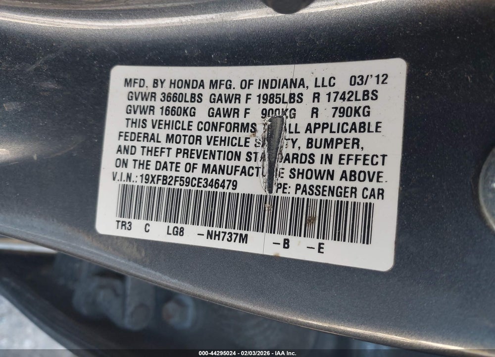 2012 HONDA CIVIC LX VIN: 19XFB2F59CE346479