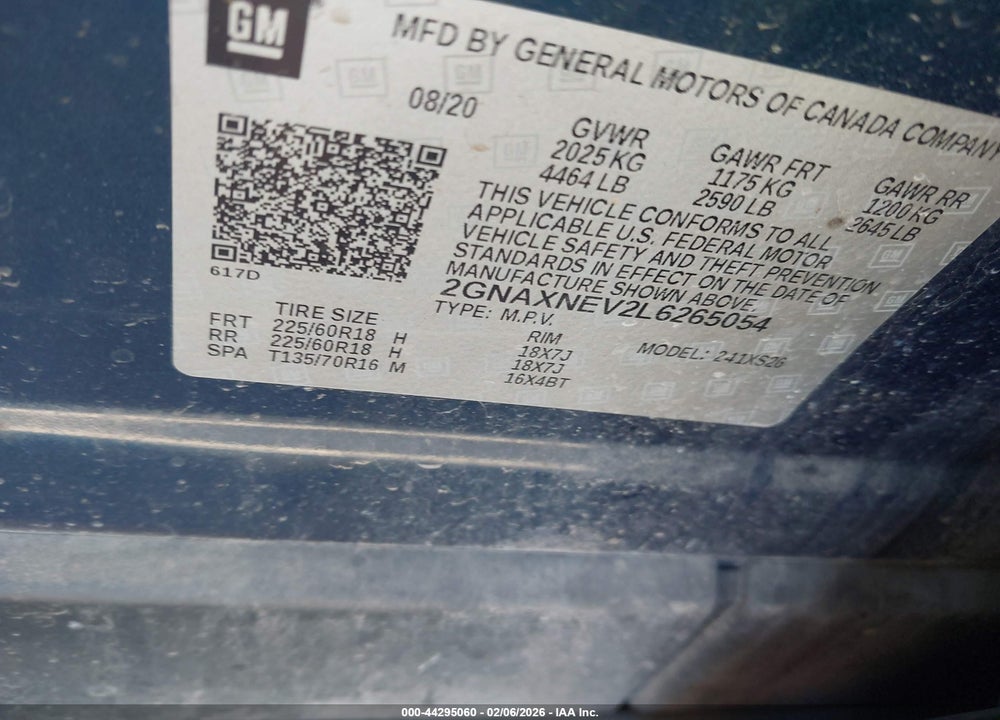 2020 CHEVROLET EQUINOX FWD PREMIER 1.5L TURBO VIN: 2GNAXNEV2L6265054