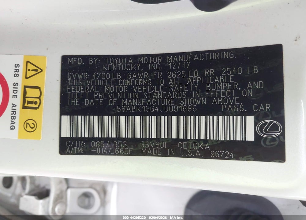 2018 LEXUS ES 350 VIN: 58ABK1GG4JU091686
