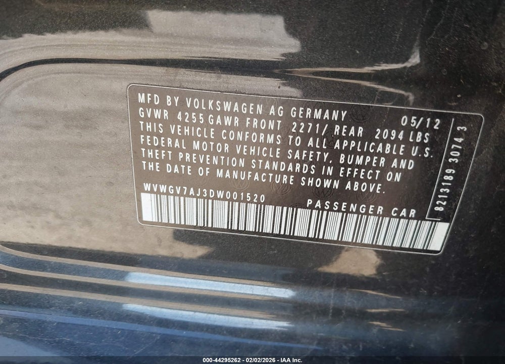 2013 VOLKSWAGEN GTI 4-DOOR VIN: WVWGV7AJ3DW001520