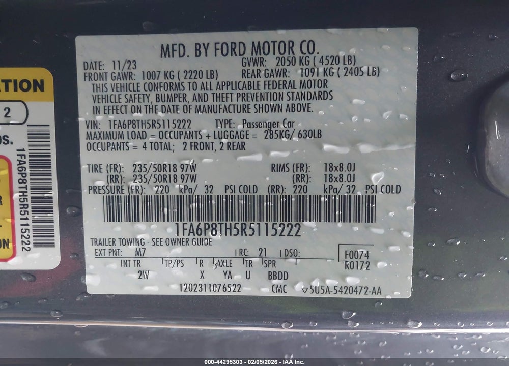 2024 FORD MUSTANG ECOBOOST FASTBACK VIN: 1FA6P8TH5R5115222