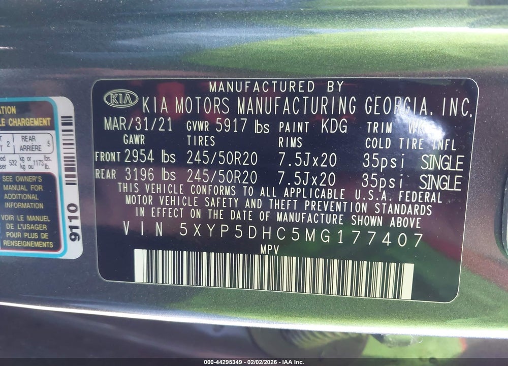 2021 KIA TELLURIDE SX VIN: 5XYP5DHC5MG177407