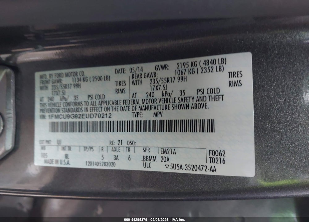 2014 FORD ESCAPE SE VIN: 1FMCU9G92EUD70212
