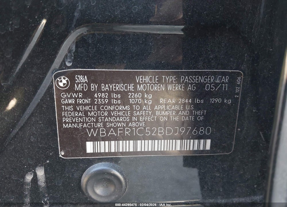 2011 BMW 528I VIN: WBAFR1C52BDJ97680
