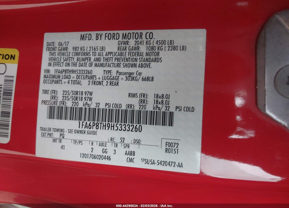 2017 FORD MUSTANG ECOBOOST VIN: 1FA6P8TH9H5333260