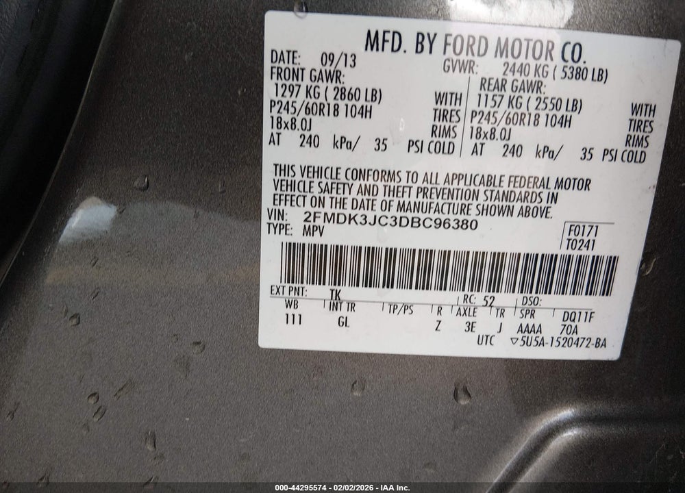 2013 FORD EDGE SEL VIN: 2FMDK3JC3DBC96380