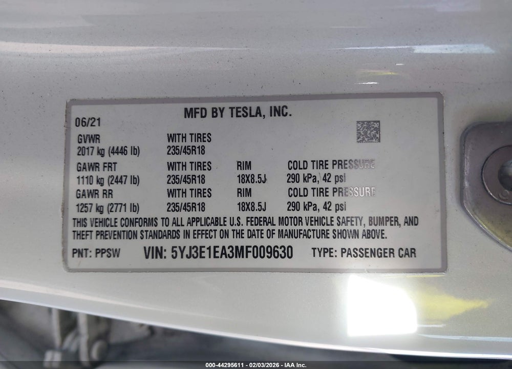 2021 TESLA MODEL 3 STANDARD RANGE PLUS REAR-WHEEL DRIVE VIN: 5YJ3E1EA3MF009630