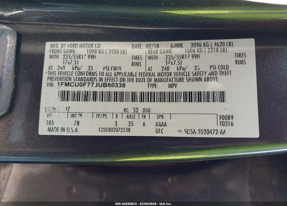 2018 FORD ESCAPE S VIN: 1FMCU0F77JUB60338