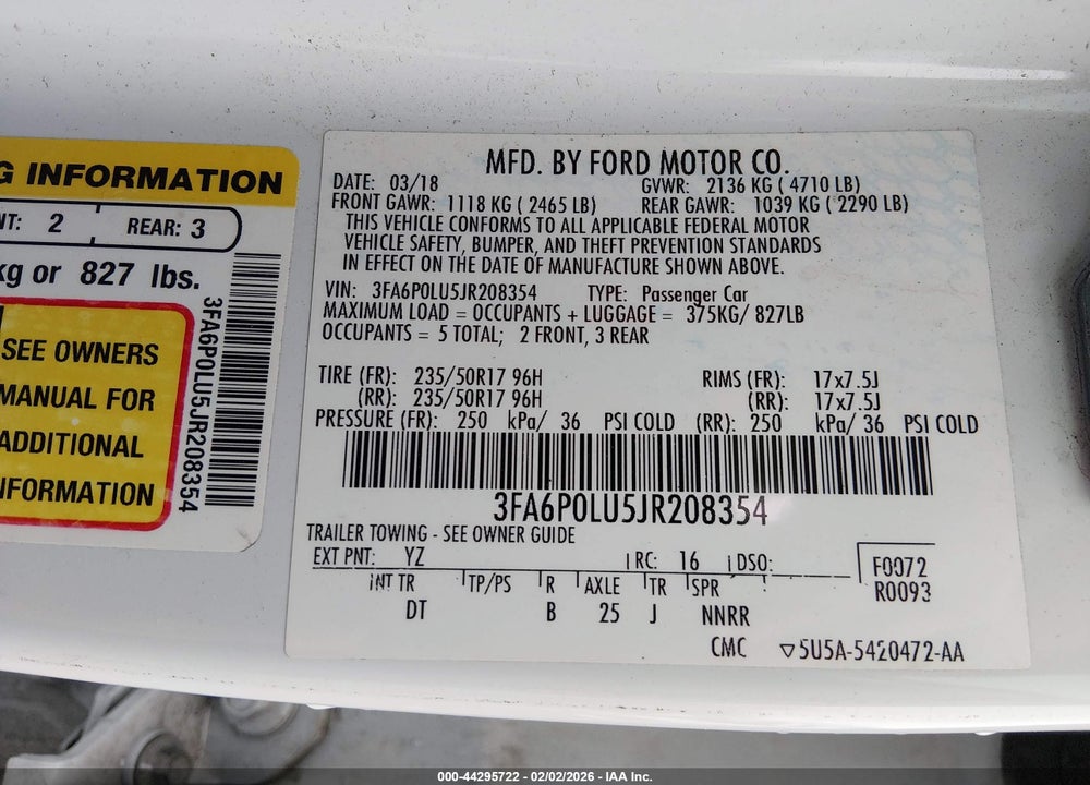2018 FORD FUSION HYBRID SE VIN: 3FA6P0LU5JR208354
