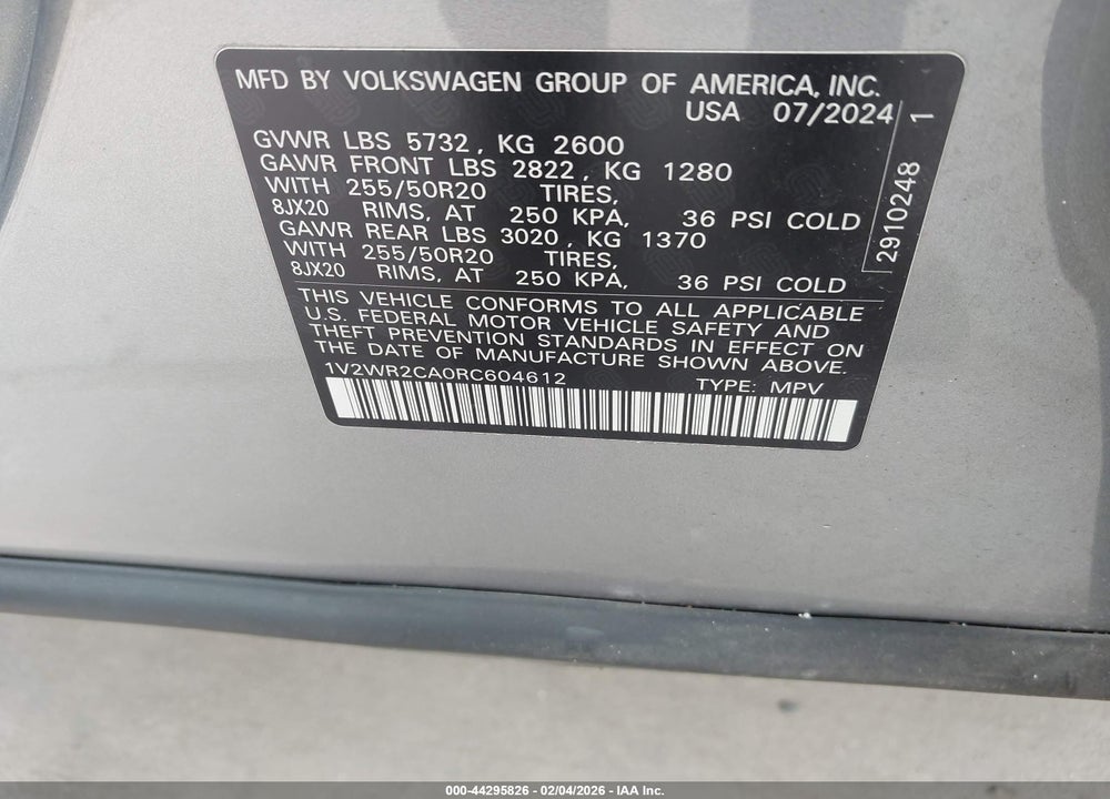 2024 VOLKSWAGEN ATLAS 2.0T SE W/TECHNOLOGY VIN: 1V2WR2CA0RC604612