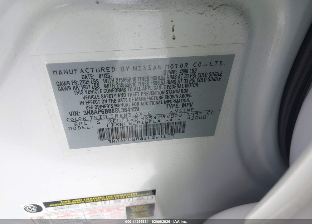2025 NISSAN KICKS S INTELLIGENT AWD VIN: 3N8AP6BB8SL364159