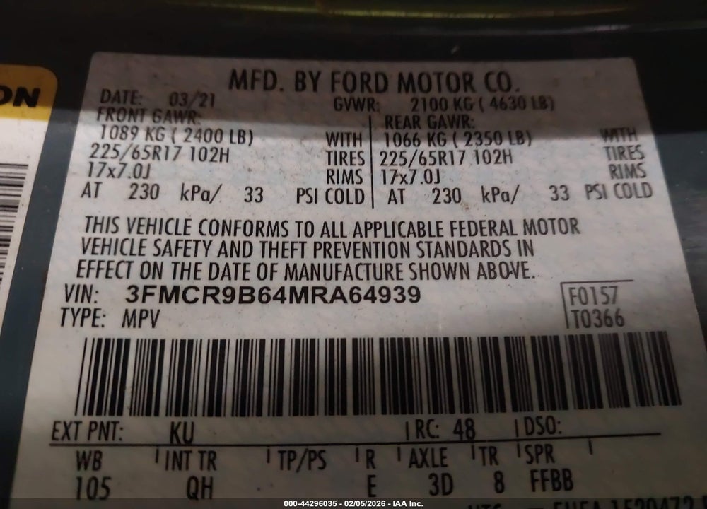 2021 FORD BRONCO SPORT BIG BEND VIN: 3FMCR9B64MRA64939