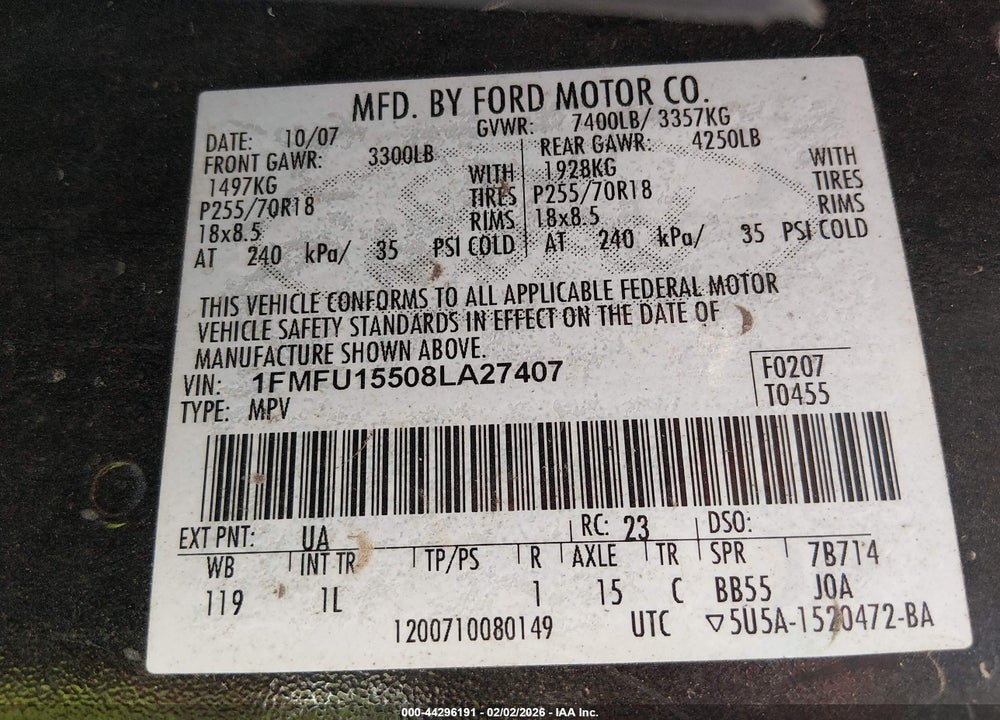 2008 FORD EXPEDITION XLT VIN: 1FMFU15508LA27407