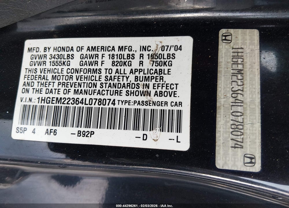 2004 HONDA CIVIC VP VIN: 1HGEM22364L078074
