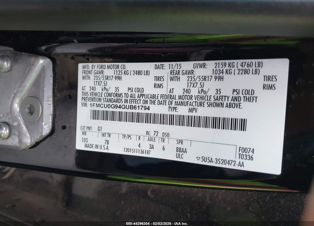 2016 FORD ESCAPE SE VIN: 1FMCU0G94GUB61794