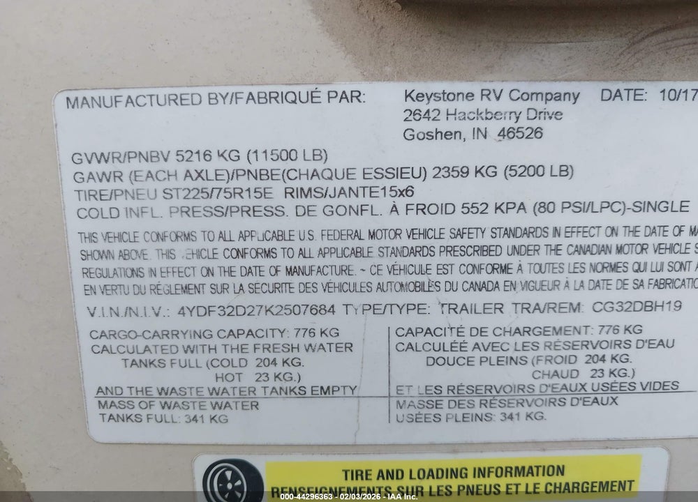 2019 KEYSTONE COUGAR VIN: 4YDF32D27K2507684