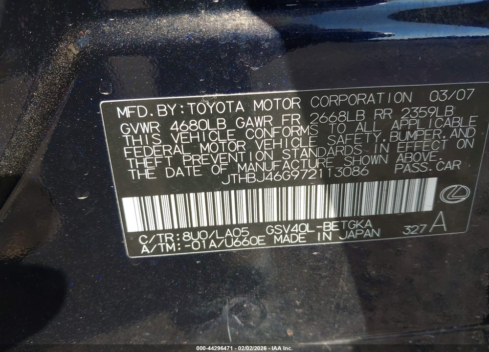 2007 LEXUS ES 350 VIN: JTHBJ46G972113086