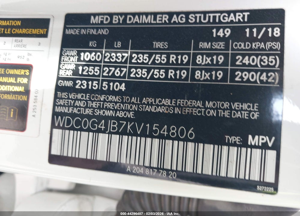 2019 MERCEDES-BENZ GLC 300 VIN: WDC0G4JB7KV154806
