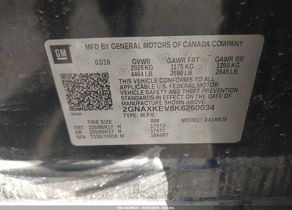 2019 CHEVROLET EQUINOX LT VIN: 2GNAXKEV8K6260034