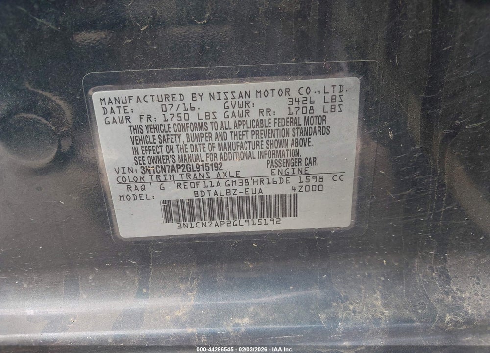 2016 NISSAN VERSA 1.6 SV VIN: 3N1CN7AP2GL915192