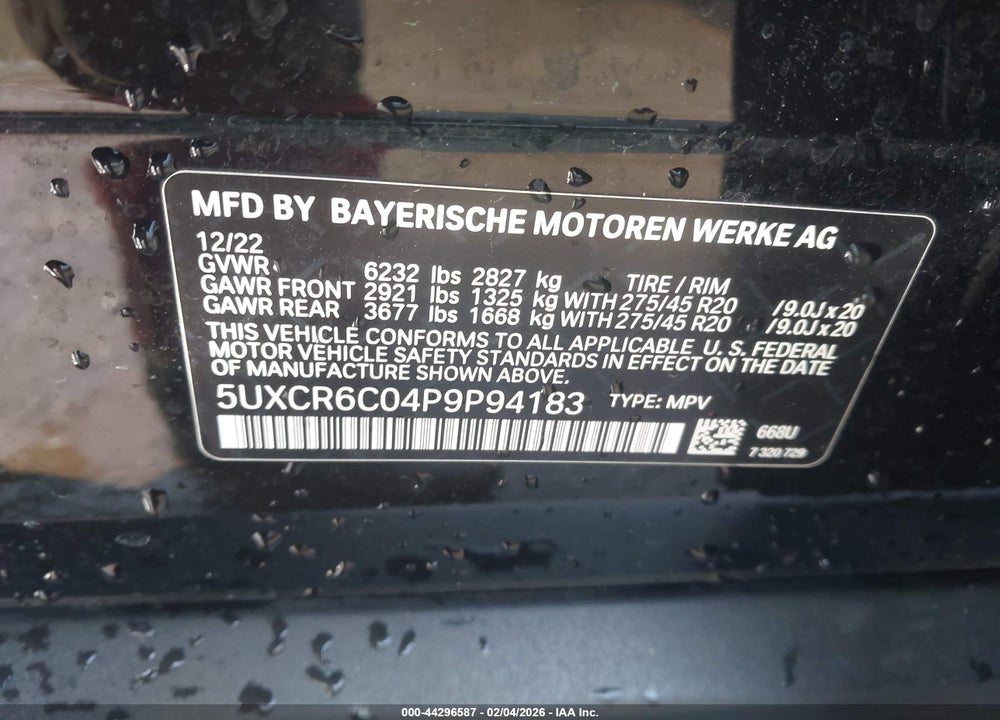 2023 BMW X5 XDRIVE40I VIN: 5UXCR6C04P9P94183
