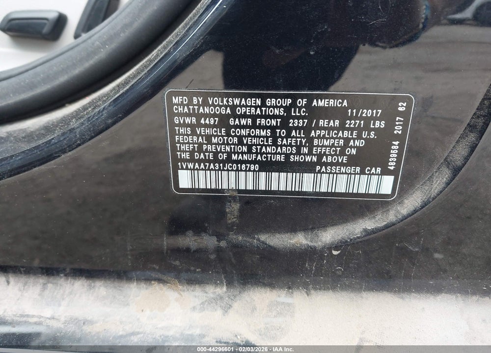 2018 VOLKSWAGEN PASSAT 2.0T R-LINE/2.0T S VIN: 1VWAA7A31JC016790