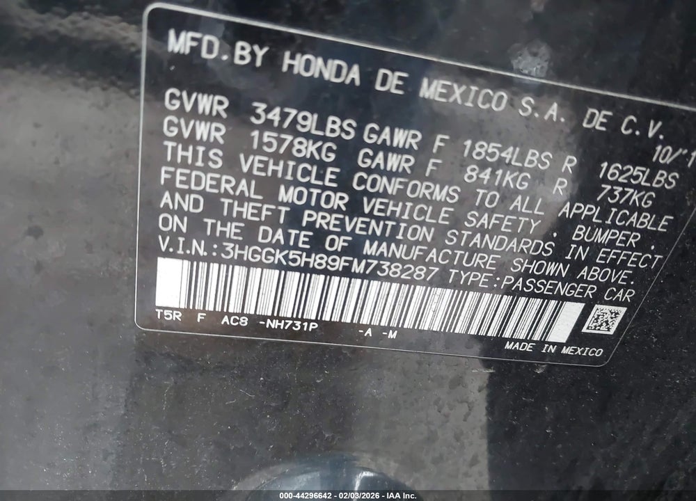 2015 HONDA FIT EX/EX-L VIN: 3HGGK5H89FM738287