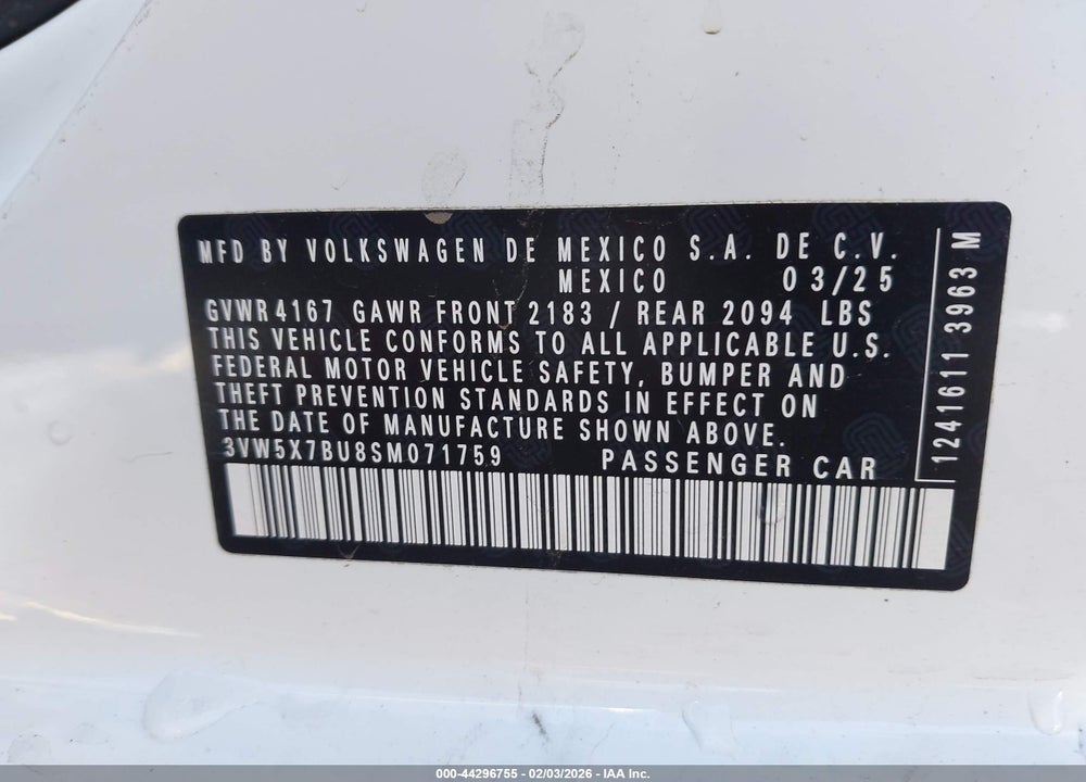2025 VOLKSWAGEN JETTA 1.5T S VIN: 3VW5X7BU8SM071759