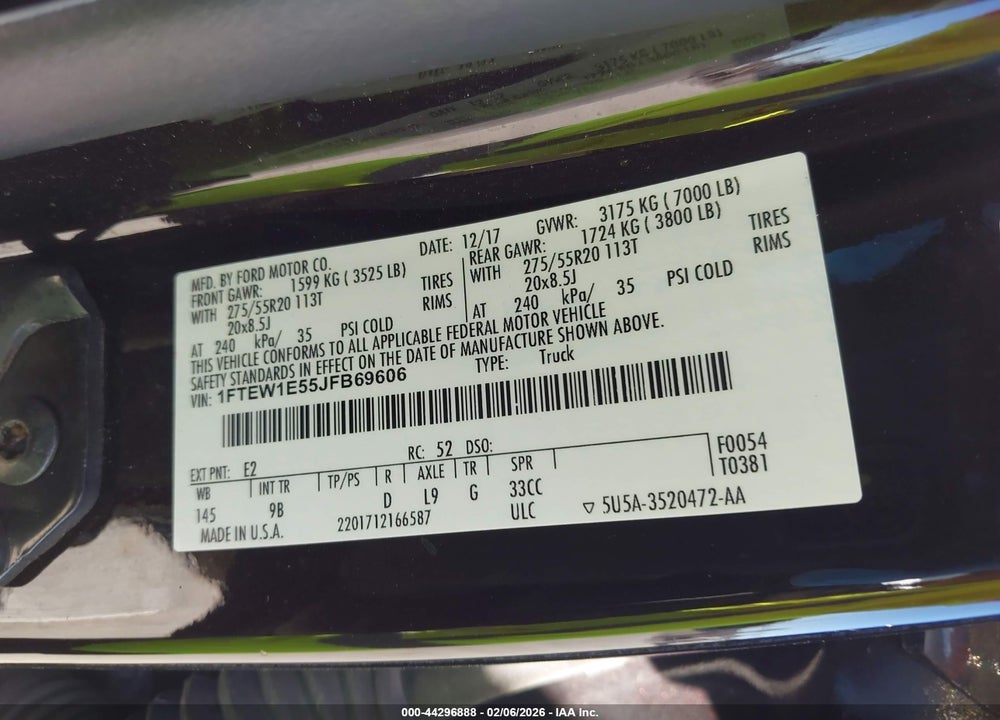2018 FORD F-150 PLATINUM VIN: 1FTEW1E55JFB69606