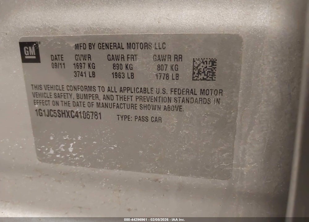 2012 CHEVROLET SONIC 2LT VIN: 1G1JC5SHXC4106781