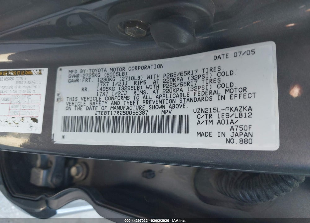 2005 TOYOTA 4RUNNER LIMITED V8 VIN: JTEBT17R250056387