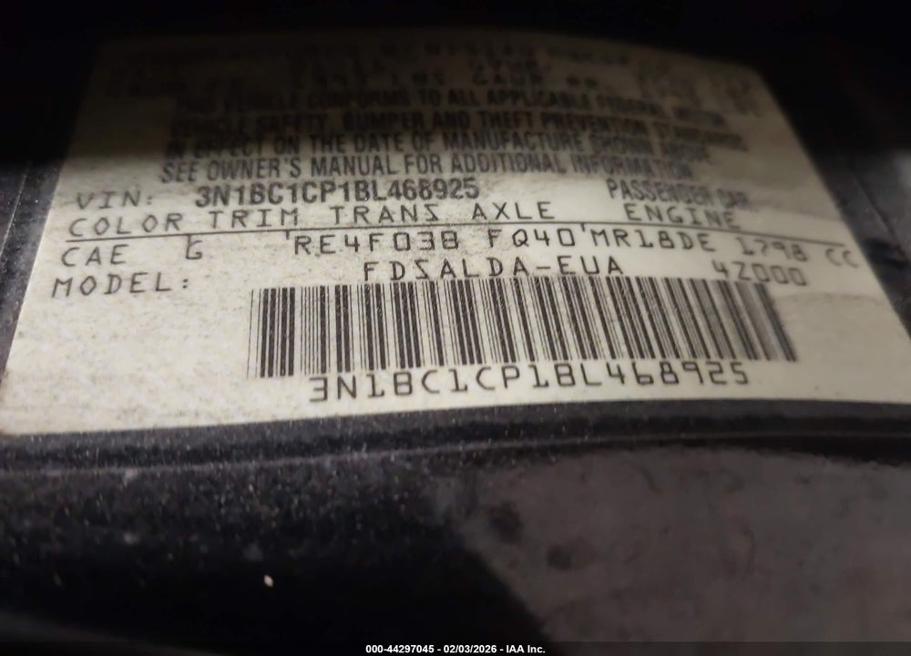 2011 NISSAN VERSA 1.8S VIN: 3N1BC1CP1BL468925