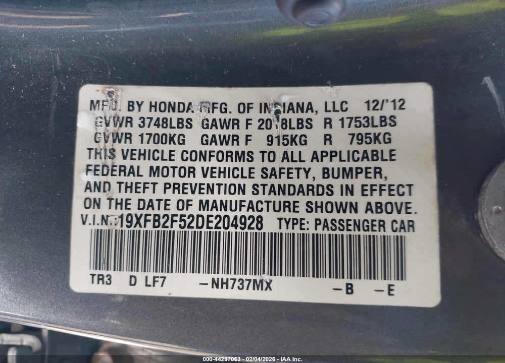2013 HONDA CIVIC LX VIN: 19XFB2F52DE204928