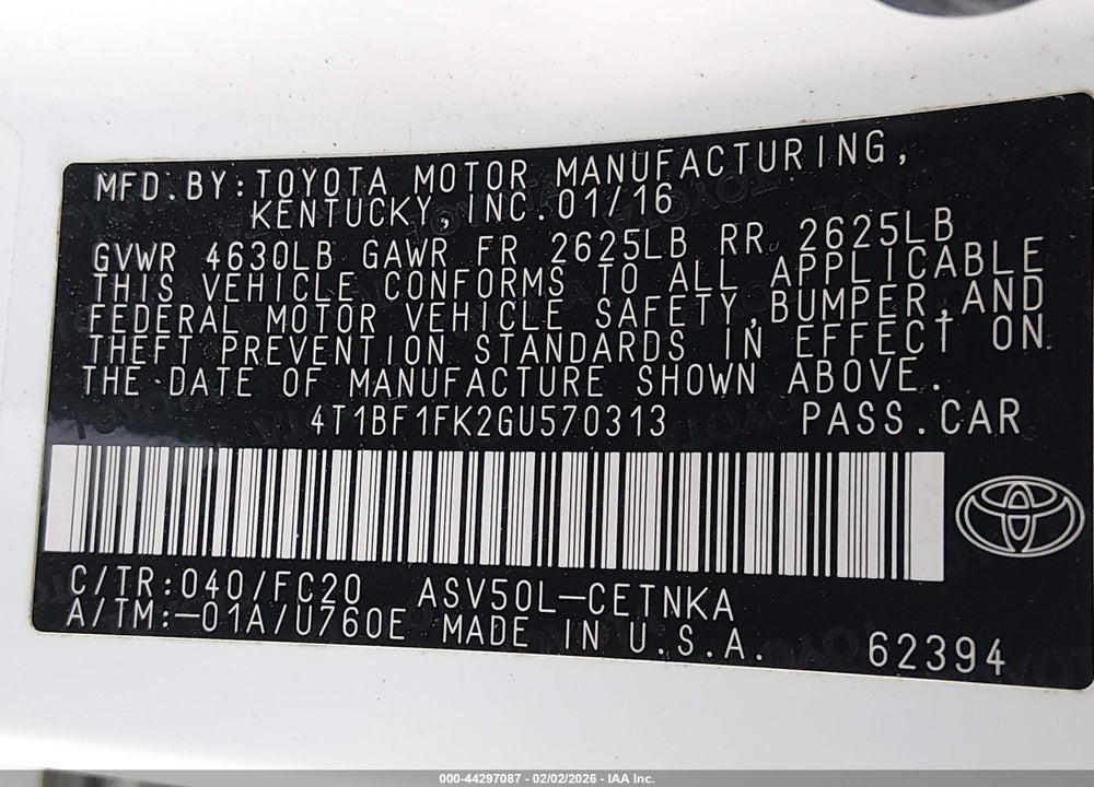 2016 TOYOTA CAMRY LE VIN: 4T1BF1FK2GU570313