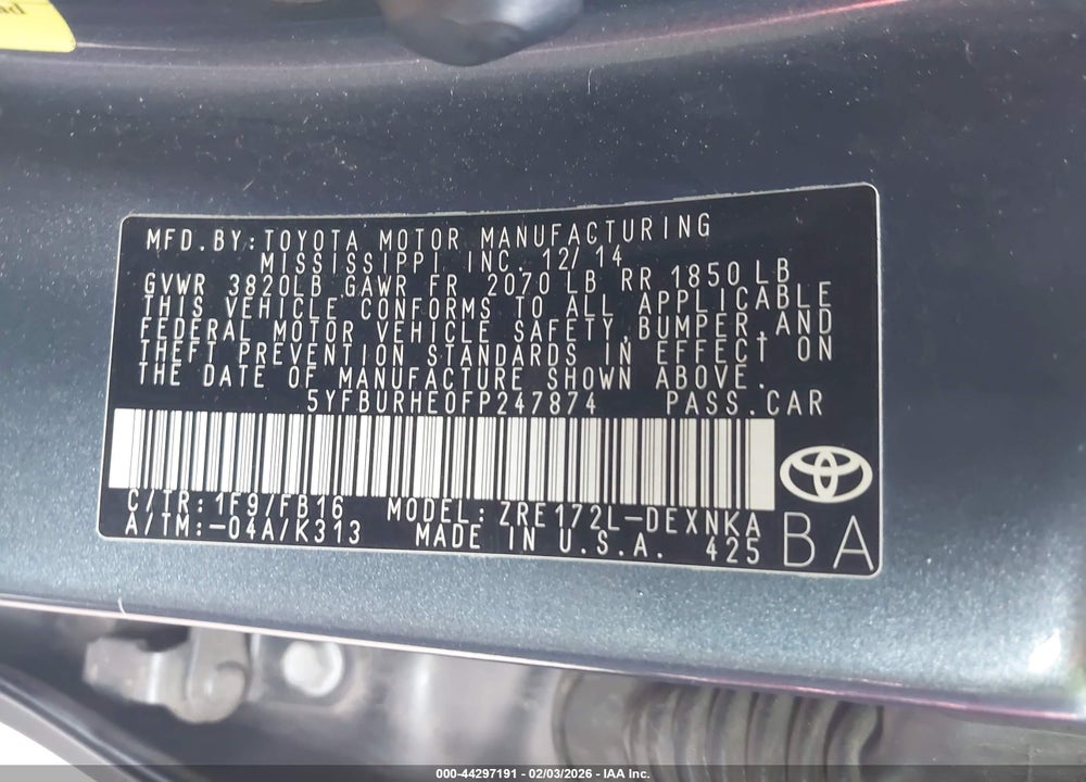 2015 TOYOTA COROLLA LE VIN: 5YFBURHE0FP247874