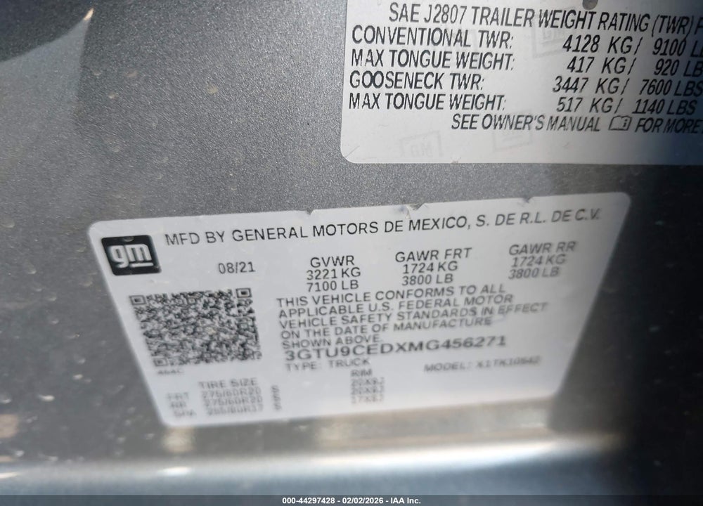 2021 GMC SIERRA 1500 4WD  SHORT BOX ELEVATION VIN: 3GTU9CEDXMG456271
