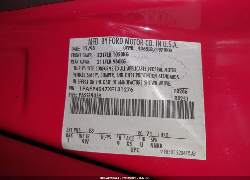 1999 FORD MUSTANG VIN: 1FAFP4047XF131276