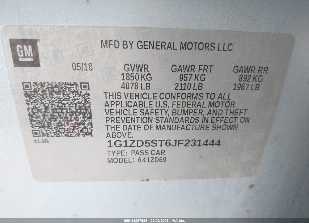 2018 CHEVROLET MALIBU LT VIN: 1G1ZD5ST6JF231444