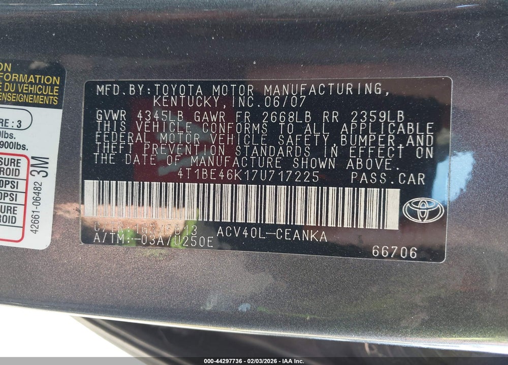 2007 TOYOTA CAMRY LE VIN: 4T1BE46K17U717225