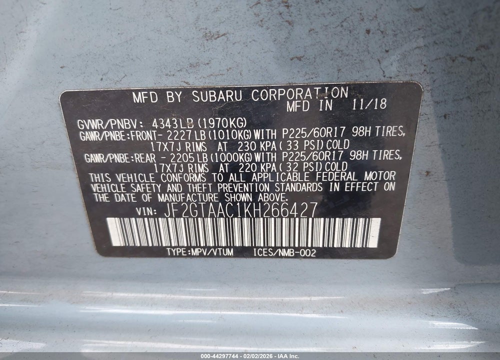 2019 SUBARU CROSSTREK 2.0I VIN: JF2GTAAC1KH266427