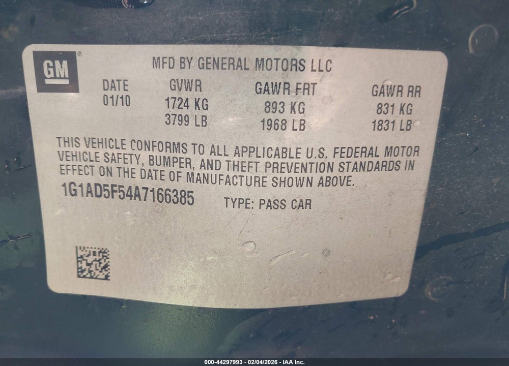 2010 CHEVROLET COBALT LT VIN: 1G1AD5F54A7166385