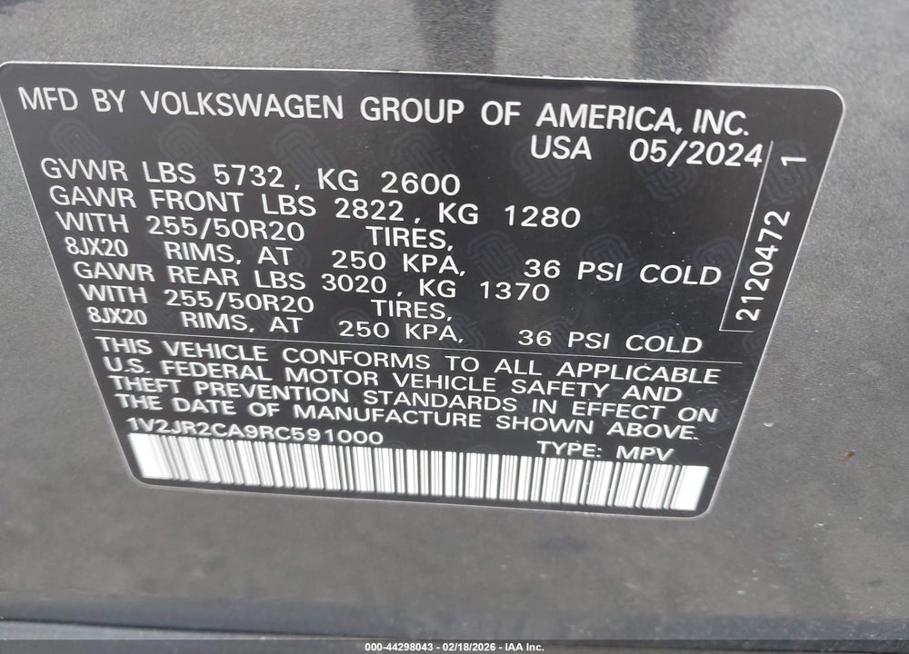 2024 VOLKSWAGEN ATLAS 2.0T SE W/TECHNOLOGY VIN: 1V2JR2CA9RC591000