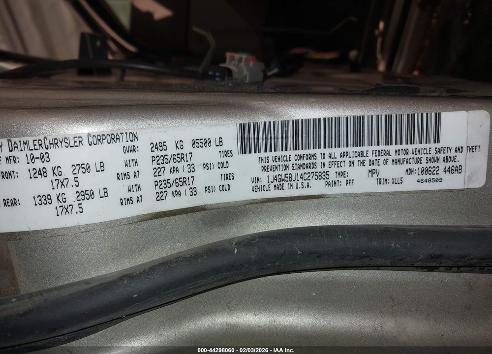 2004 JEEP GRAND CHEROKEE LIMITED VIN: 1J4GW58J14C275835