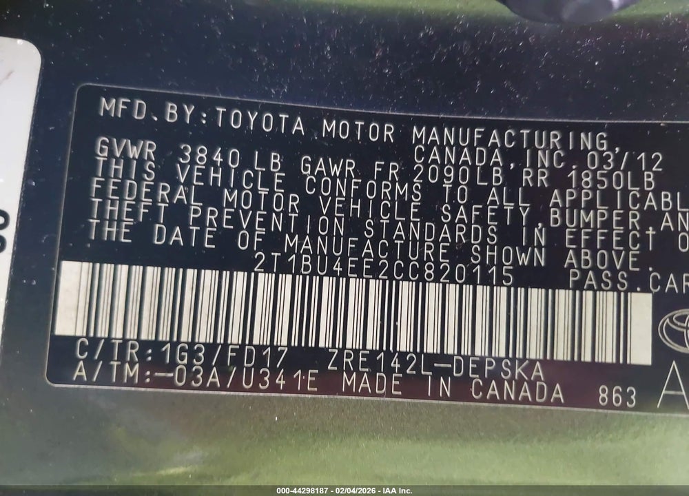 2012 TOYOTA COROLLA S VIN: 2T1BU4EE2CC820115