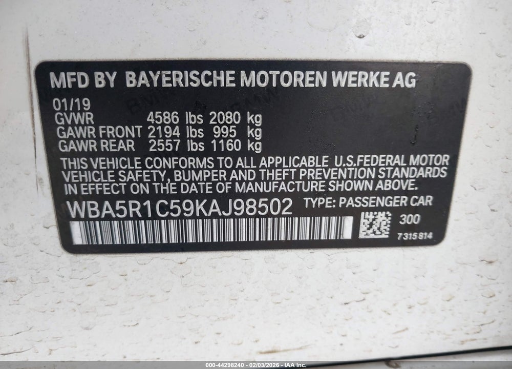 2019 BMW 330I VIN: WBA5R1C59KAJ98502