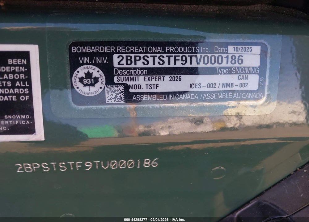 2026 SKI-DOO SUMMIT X 850 VIN: 2BPSTSTF9TV000186