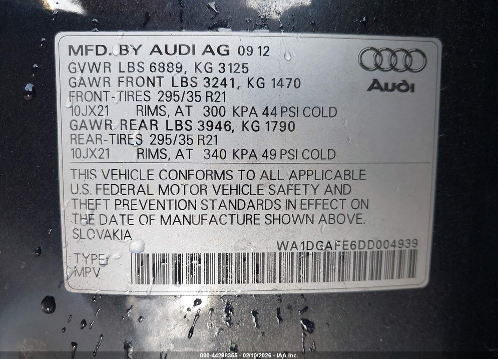 2013 AUDI Q7 3.0T S LINE PRESTIGE VIN: WA1DGAFE6DD004939