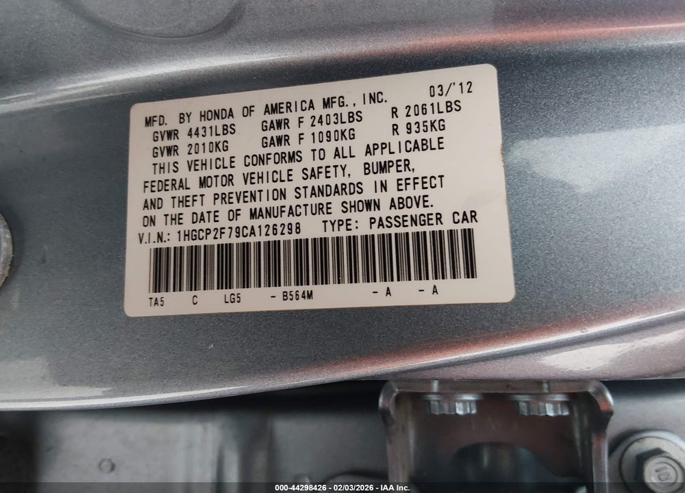 2012 HONDA ACCORD 2.4 EX VIN: 1HGCP2F79CA126298